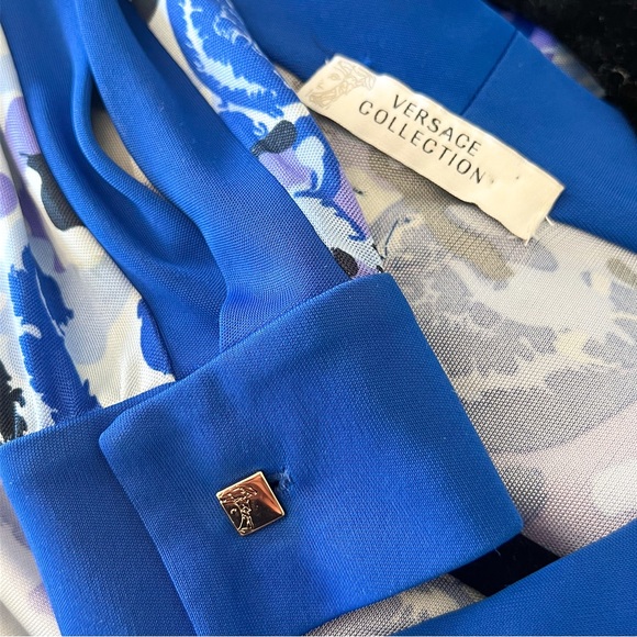 Versace Dress Y2K Collared Blue Baroque Camouflage Midi Size 4 Small 40 EU - Picture 3 of 9